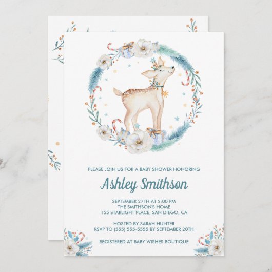 キュートウィンターウッドランドベビーシャワー招待状 招待状 (正面/裏面)