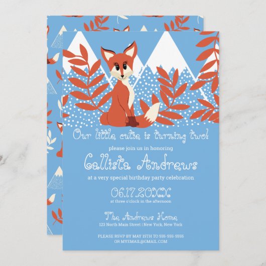 キュートウィンターオレンジキツネマウンテンズリーフ誕生日 招待状 (正面/裏面)