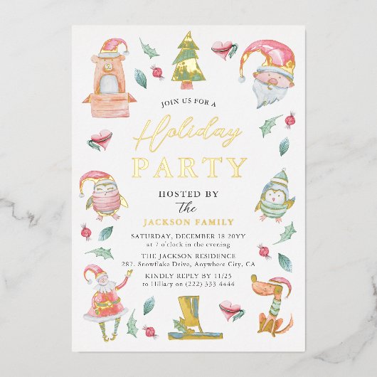 キュートウィンタークリスマスホリデーパーティー金ゴールド 箔招待状 (正面)