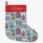 キュートウィンターハウスヴィレッジシーンクリスマスパターン ラージクリスマスストッキング (正面)