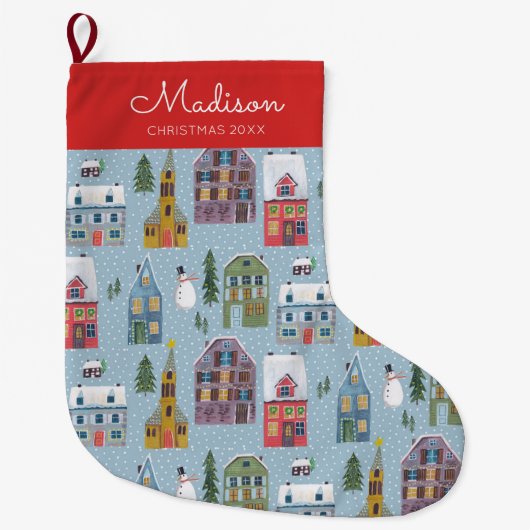 キュートウィンターハウスヴィレッジシーンクリスマスパターン ラージクリスマスストッキング (正面)