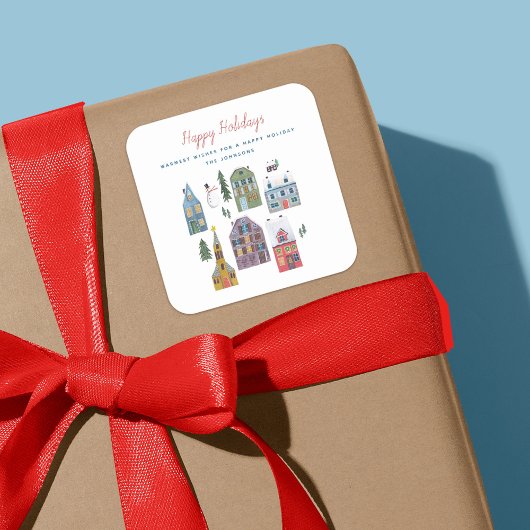 キュートウィンターハウスヴィレッジシーンクリスマス スクエアシール