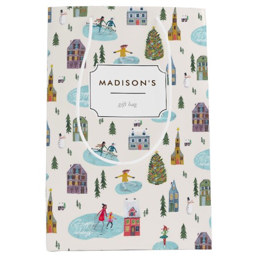 キュートウィンターハウスヴィレッジシーンクリスマス ミディアムペーパーバッグ (正面)