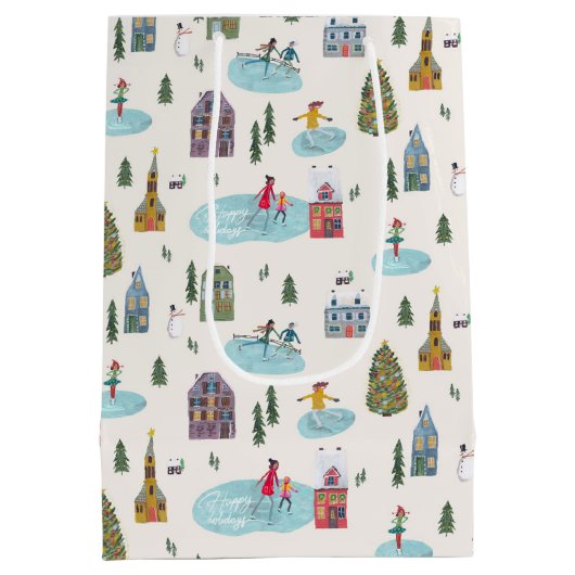 キュートウィンターハウスヴィレッジシーンクリスマス ミディアムペーパーバッグ (裏面)