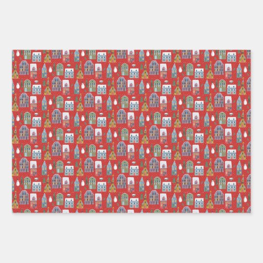 キュートウィンターハウスヴィレッジシーンクリスマス ラッピングペーパーシート (正面2)