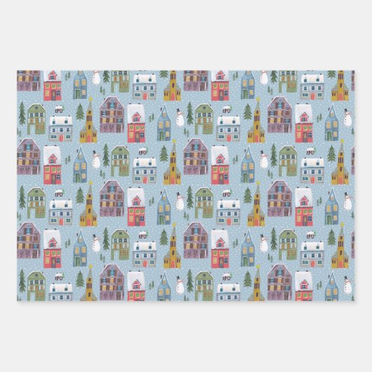キュートウィンターハウスヴィレッジシーンクリスマス ラッピングペーパーシート (正面)