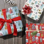 キュートウィンターハウスヴィレッジシーンクリスマス ラッピングペーパーシート