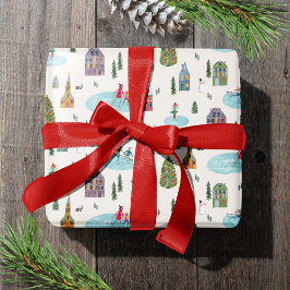 キュートウィンターハウスヴィレッジシーンクリスマス ラッピングペーパー