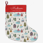 キュートウィンターハウスヴィレッジスケートで滑るシーンクリスマス ラージクリスマスストッキング (正面)
