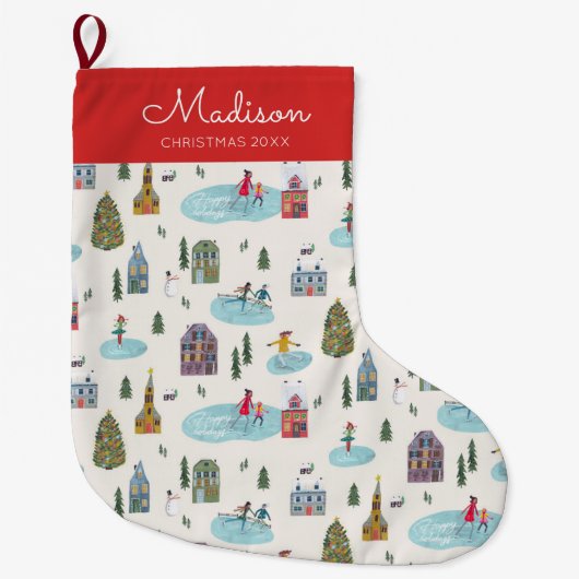 キュートウィンターハウスヴィレッジスケートで滑るシーンクリスマス ラージクリスマスストッキング (正面)