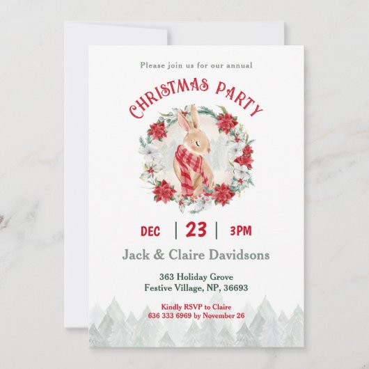 キュートウィンターバニーポインセチアのクリスマスパーティー 招待状 (正面)