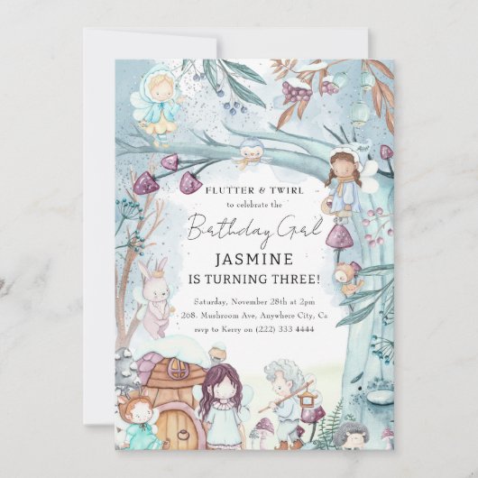 キュートウィンターフォレスト妖精クリスマスガール誕生日 招待状 (正面)