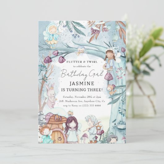キュートウィンターフォレスト妖精クリスマスガール誕生日 招待状 (スタンド正面)