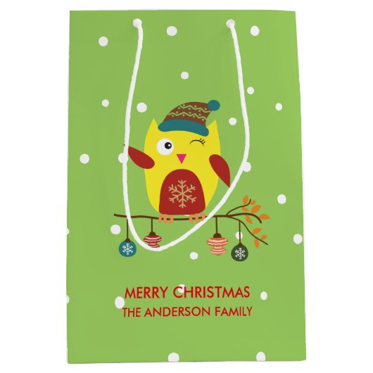 キュートウィンターフクロムクリスマスイラストレーション ミディアムペーパーバッグ (正面)