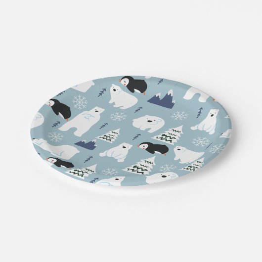 キュートウィンターベア&ペンギンパステルブルーパーティー ペーパープレート (アングル)