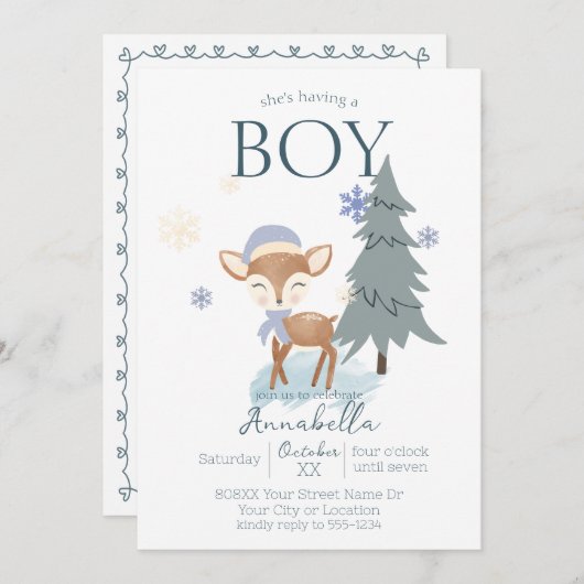 キュートウィンターベビーディアボーイファウン 招待状 (正面/裏面)