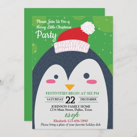 キュートウィンターペンギンクリスマスパーティの招待状 招待状 (正面/裏面)