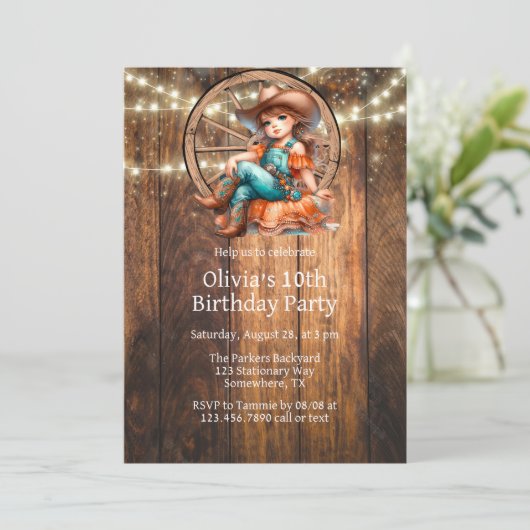 キュートウェスタン女性のカーボーイバースデーパーティー 招待状 (スタンド正面)