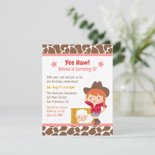 キュートウェスタン女性のカーボーイファーム子供の誕生日パーティーインヴィ 招待状 (スタンド正面)
