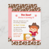 キュートウェスタン女性のカーボーイファーム子供の誕生日パーティーインヴィ 招待状 (正面/裏面)