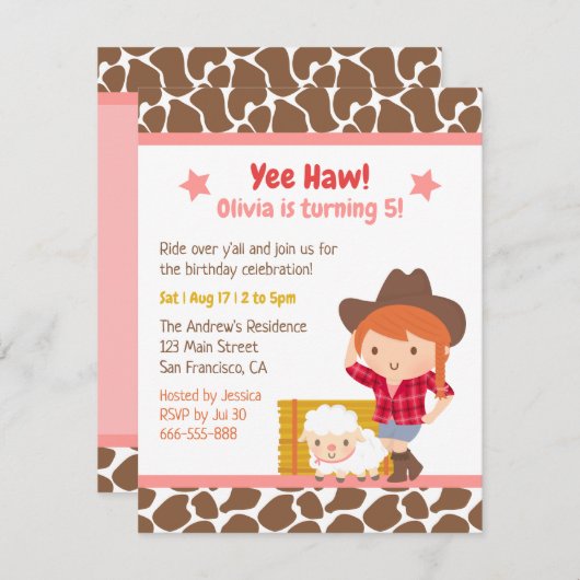 キュートウェスタン女性のカーボーイファーム子供の誕生日パーティーインヴィ 招待状 (正面/裏面)