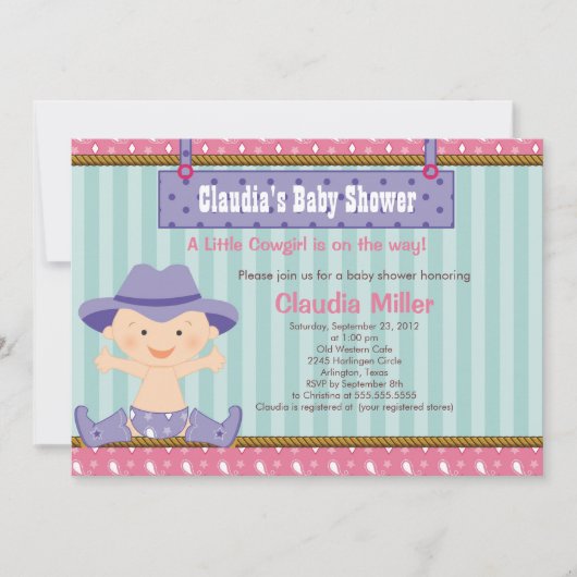 キュートウエスタン女性のカーボーイベビーシャワー招待状 招待状 (正面)