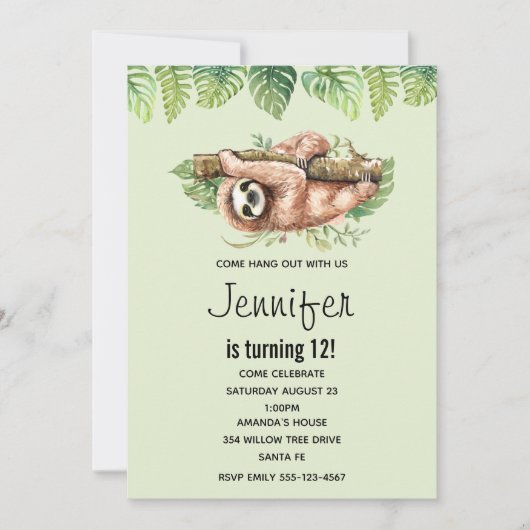 キュートウォーターのカラースロス&トロピカル葉誕生日 招待状 (正面)