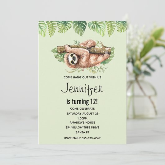 キュートウォーターのカラースロス&トロピカル葉誕生日 招待状 (スタンド正面)