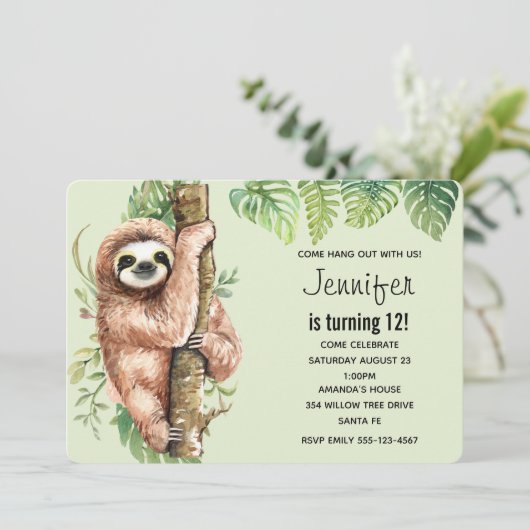 キュートウォーターのカラースロス&トロピカル葉誕生日 招待状 (スタンド正面)