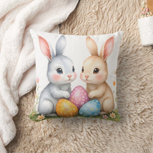 キュートウォーターカラーイースターバニーハッピーイースター クッション (ブランケット)