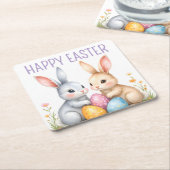 キュートウォーターカラーイースターバニーハッピーイースター スクエアペーパーコースター (アングル)