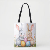 キュートウォーターカラーイースターバニーハッピーイースター トートバッグ (正面)