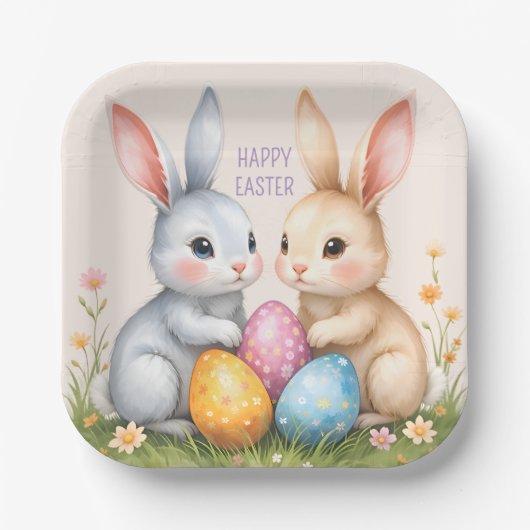 キュートウォーターカラーイースターバニーハッピーイースター ペーパープレート (正面)