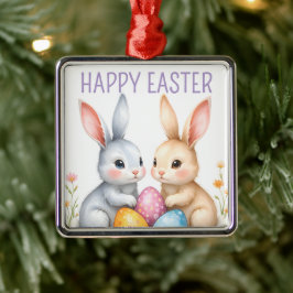 キュートウォーターカラーイースターバニーハッピーイースター メタルオーナメント