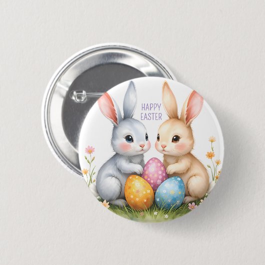 キュートウォーターカラーイースターバニーハッピーイースター 缶バッジ (正面&裏面)
