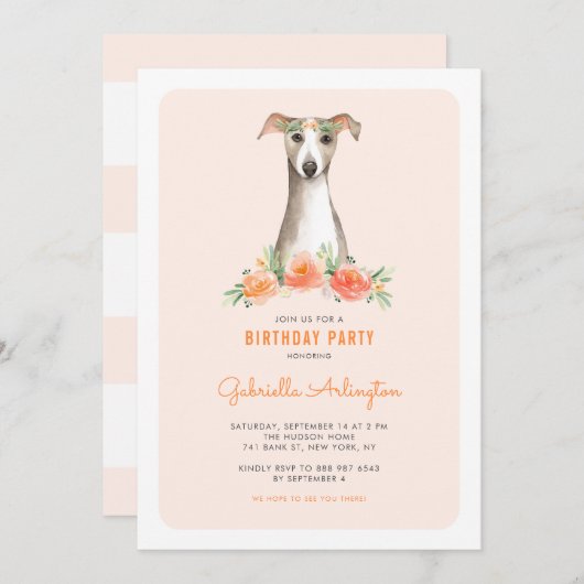 キュートウォーターカラーウィペットピーチフローラ子供の誕生日 招待状 (正面/裏面)