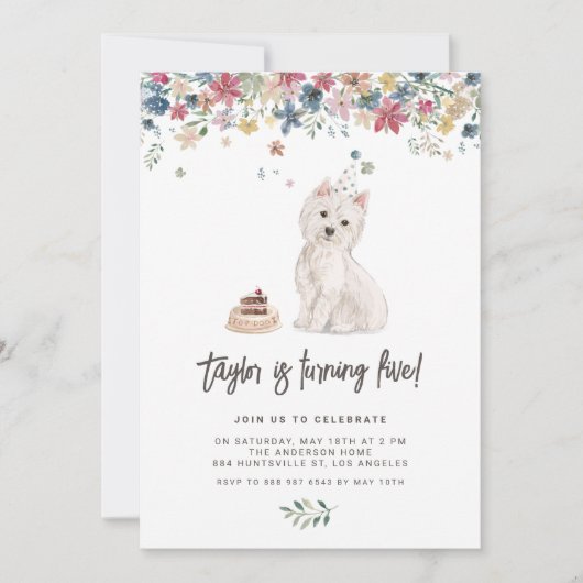 キュートウォーターカラーウェスティーフローラ子供の誕生日パーティー 招待状 (正面)