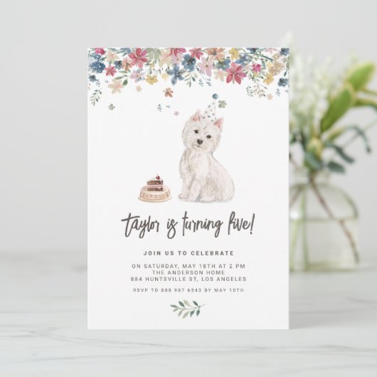 キュートウォーターカラーウェスティーフローラ子供の誕生日パーティー 招待状 (スタンド正面)