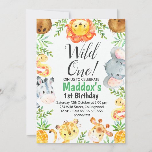 キュートウォーターカラーサファリアニマルズ誕生日招待状 招待状 (正面)