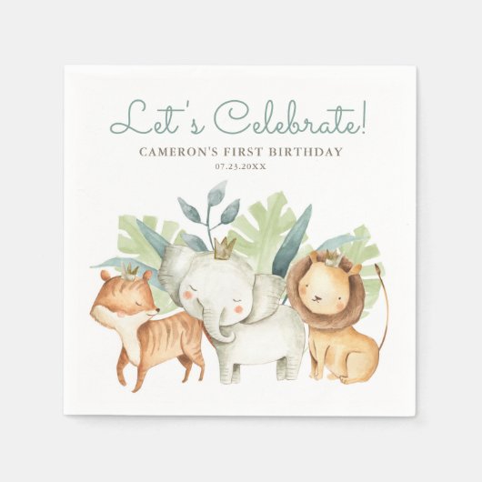 キュートウォーターカラーサファリアニマルフレンズ誕生日 スタンダードカクテルナプキン (正面)
