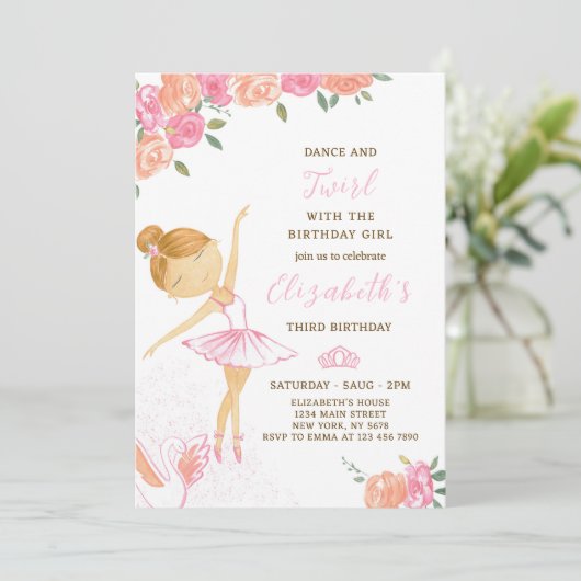 キュートウォーターカラーバレリーナ誕生日招待状 招待状 (スタンド正面)