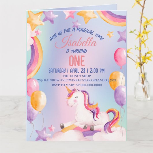 キュートウォーターカラーパステルユニコーンレインボー誕生日 カード (黄色い花)