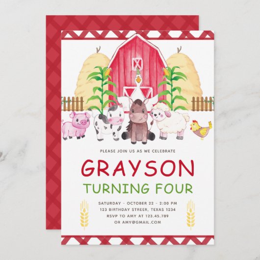 キュートウォーターカラーファーム誕生日 招待状 (正面/裏面)