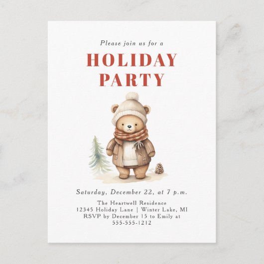 キュートウォーターカラーベアーホリデーパーティー招待状 シーズンポストカード (正面)