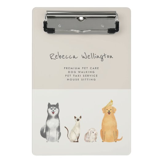 キュートウォーターカラーペットシッタードッグウォーカービジネス ミニクリップボード (正面)