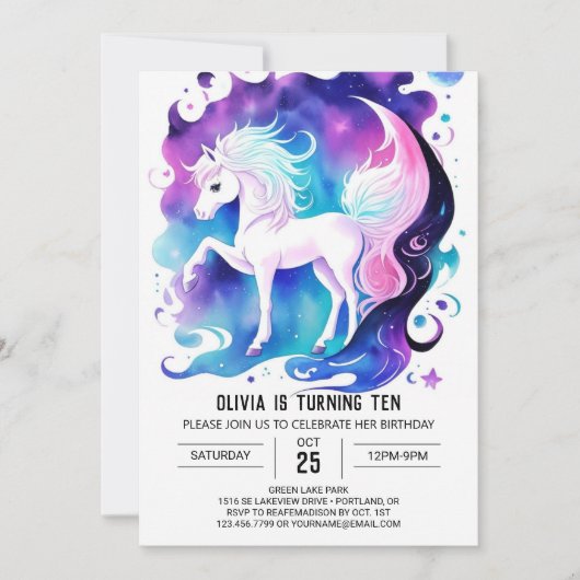 キュートウォーターカラーポニーディライト誕生日 招待状 (正面)