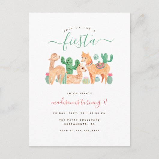 キュートウォーターカラーラマフィエスタ子供の誕生日 インビテーションポストカード (正面)