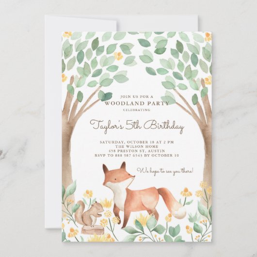 キュートウォーター色ウッドランドキツネ子供の誕生日パーティー 招待状 (正面)
