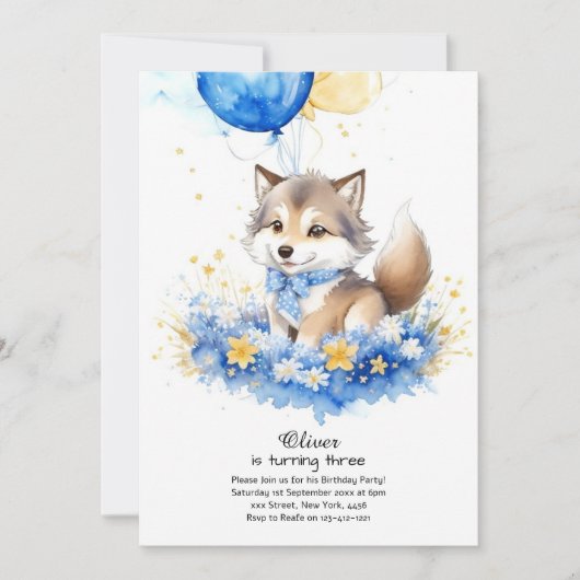 キュートウォーター色ウルフカップ誕生日招待状 招待状 (正面)