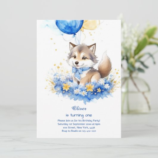 キュートウォーター色ウルフファースト誕生日招待状 招待状 (スタンド正面)